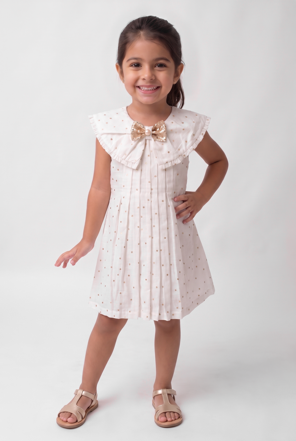 Star Print Cotton Dress With Fancy Bow