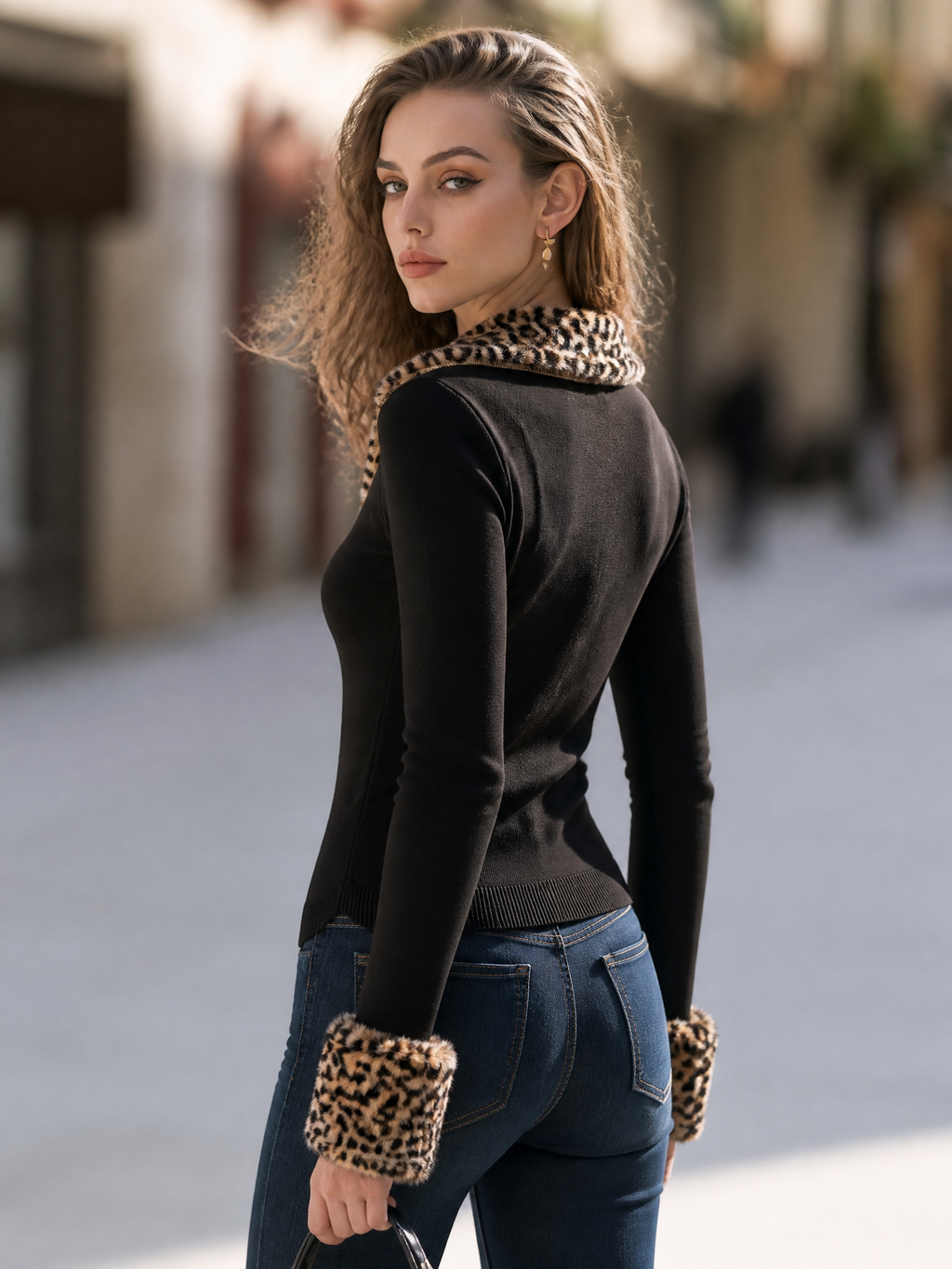 Leopard-Trim Double-Zip Knit Cardigan