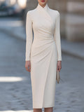 Elegant White Draped Ruched Wrap Midi Dress