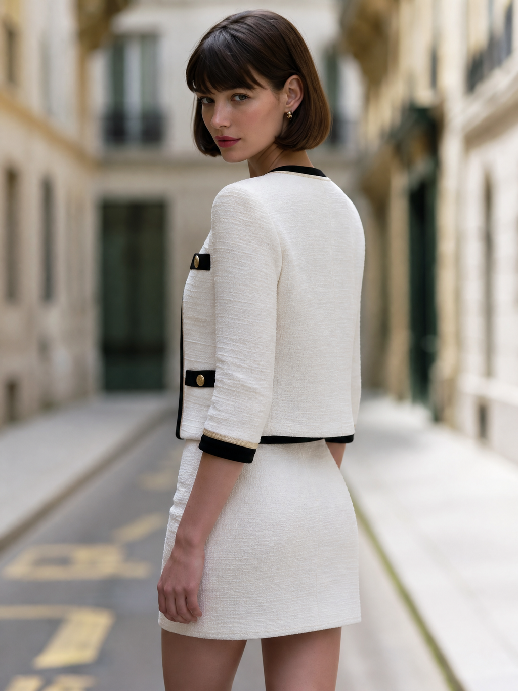 Contrast-Trim Tweed Jacket And Mini Dress Set