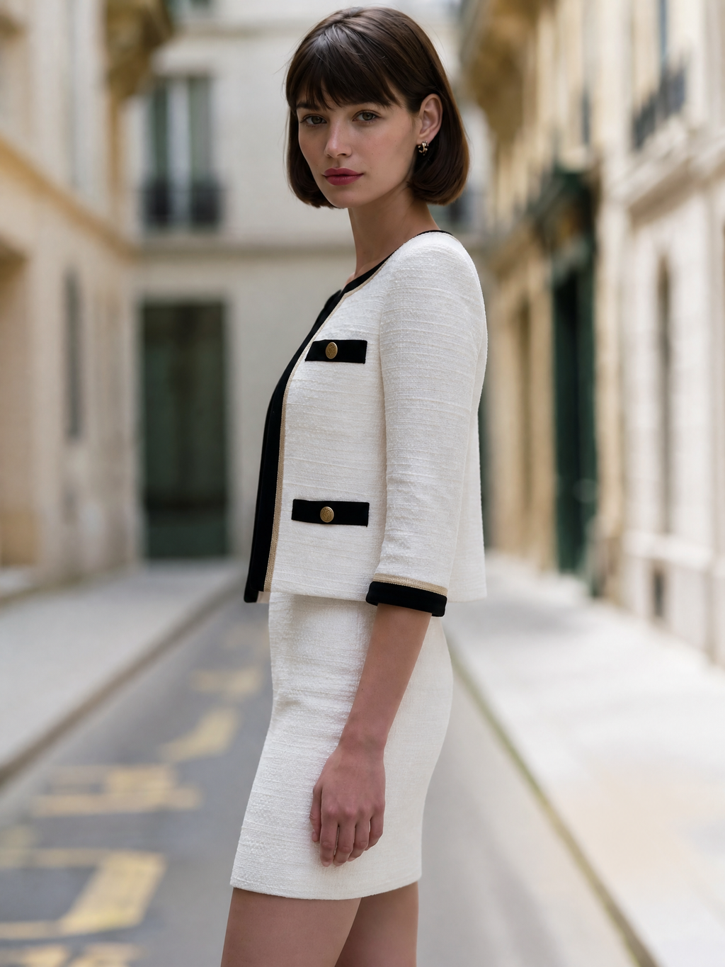 Contrast-Trim Tweed Jacket And Mini Dress Set