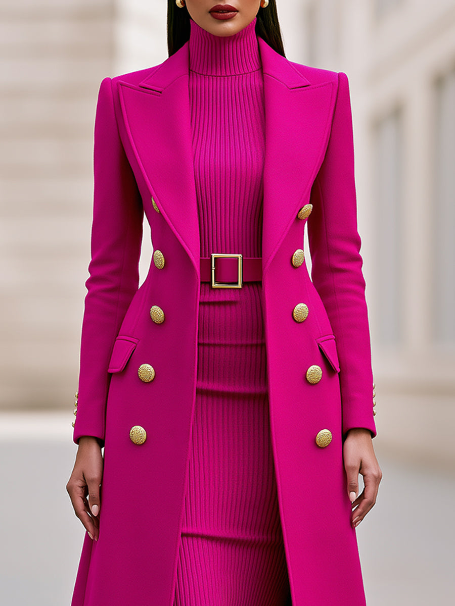 Double-Breasted Maxi Coat And Belted Knit Midi Dress Set