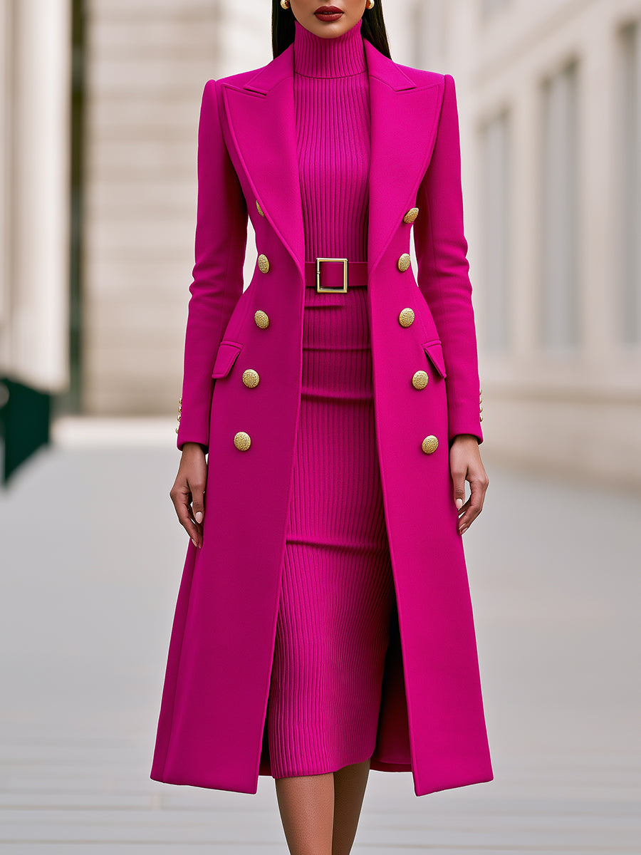 Double-Breasted Maxi Coat And Belted Knit Midi Dress Set