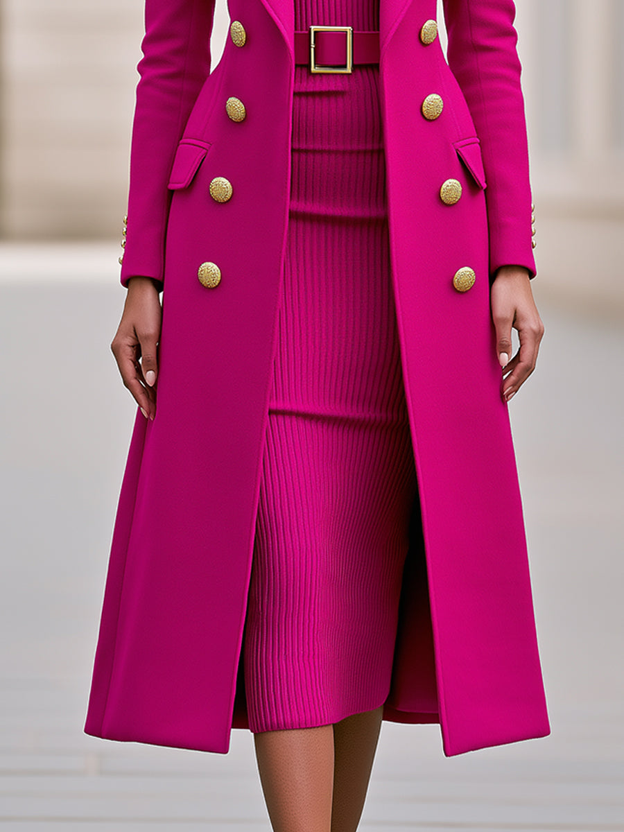 Double-Breasted Maxi Coat And Belted Knit Midi Dress Set