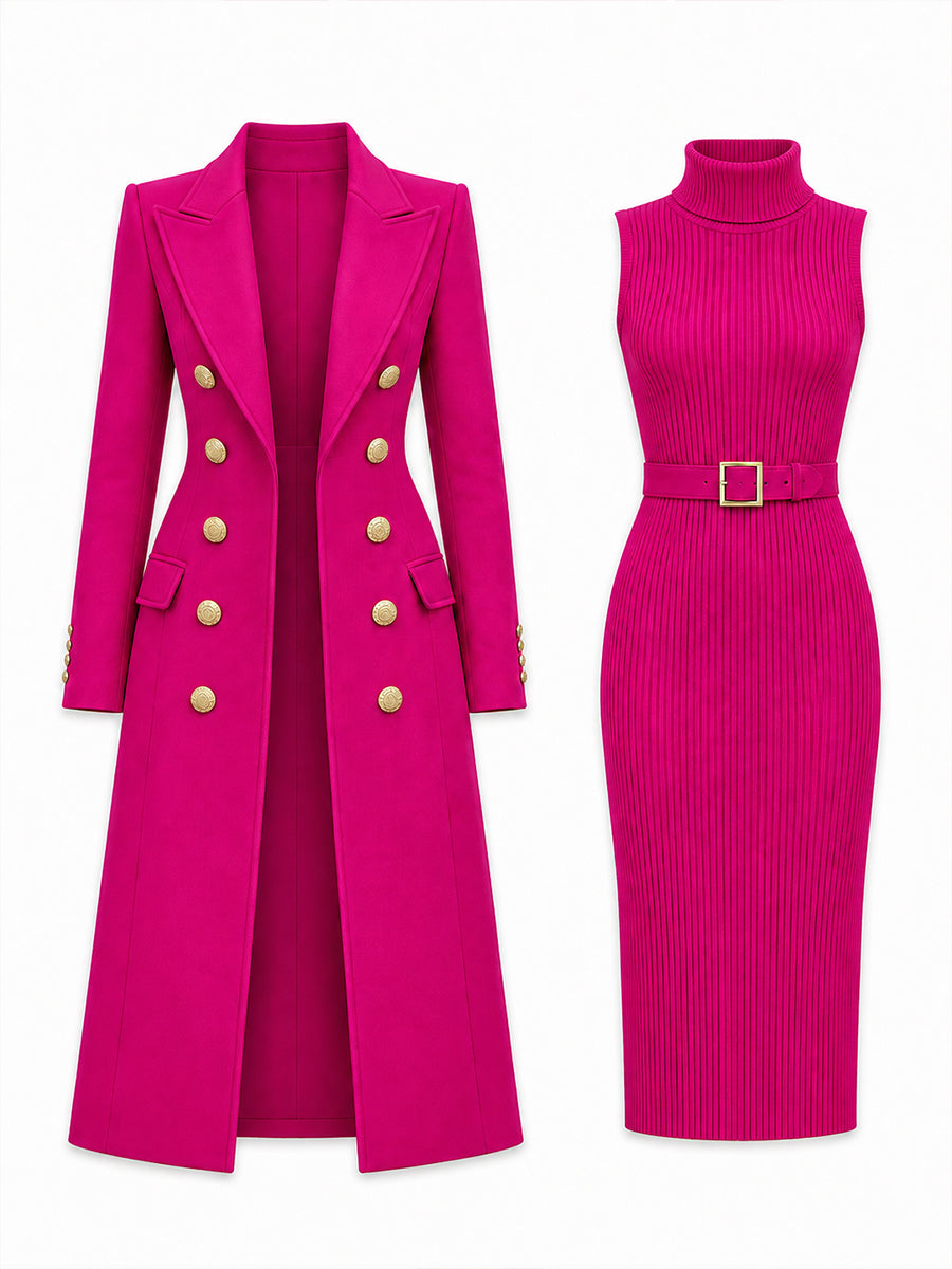 Double-Breasted Maxi Coat And Belted Knit Midi Dress Set