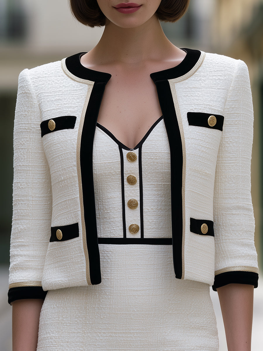 Contrast-Trim Tweed Jacket And Mini Dress Set