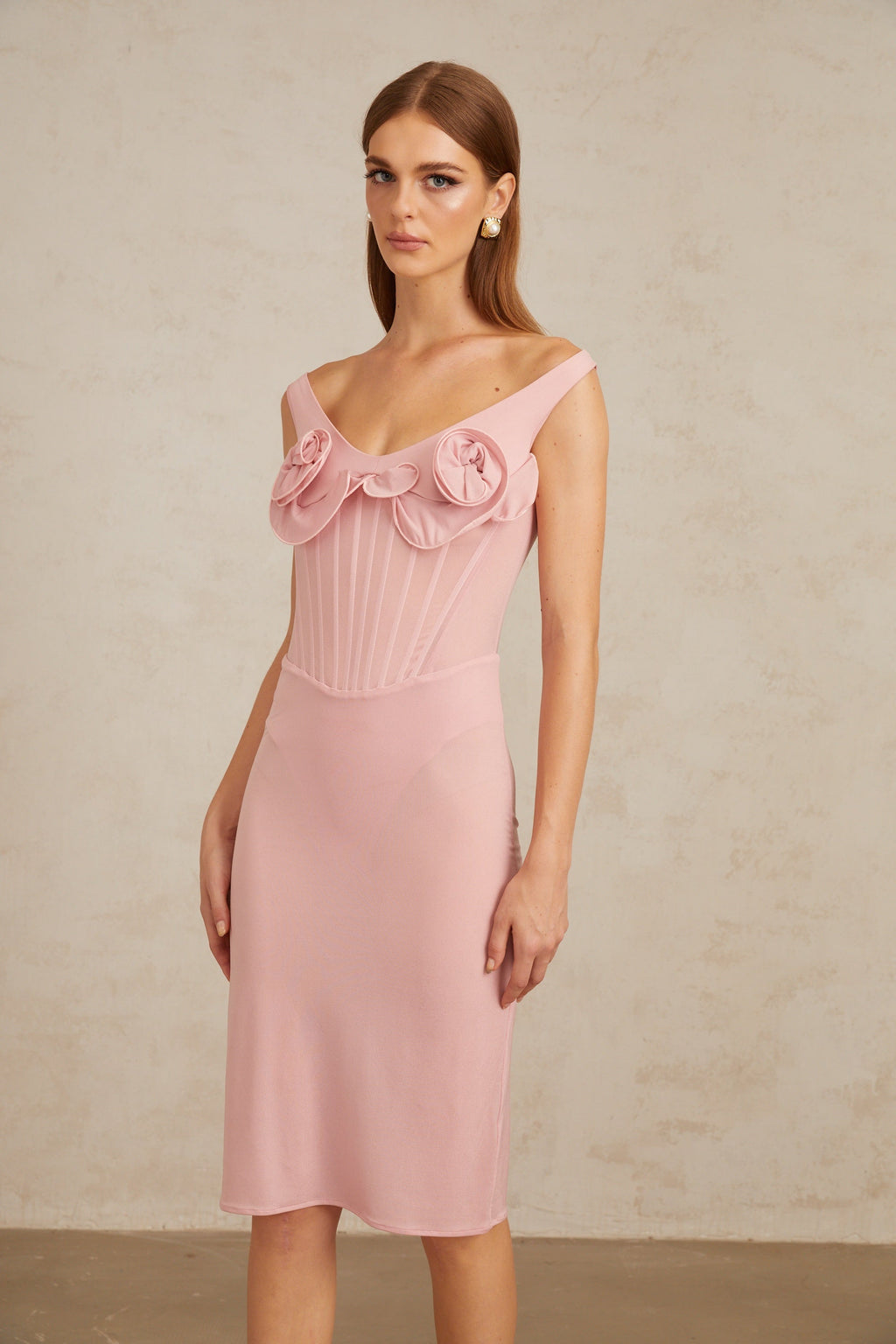 Aada Pink Fitted 3D Petal Midi Dress (Final Sale)