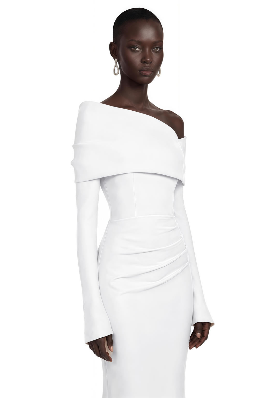 Alina White Asymmetrical Draped Maxi Dress