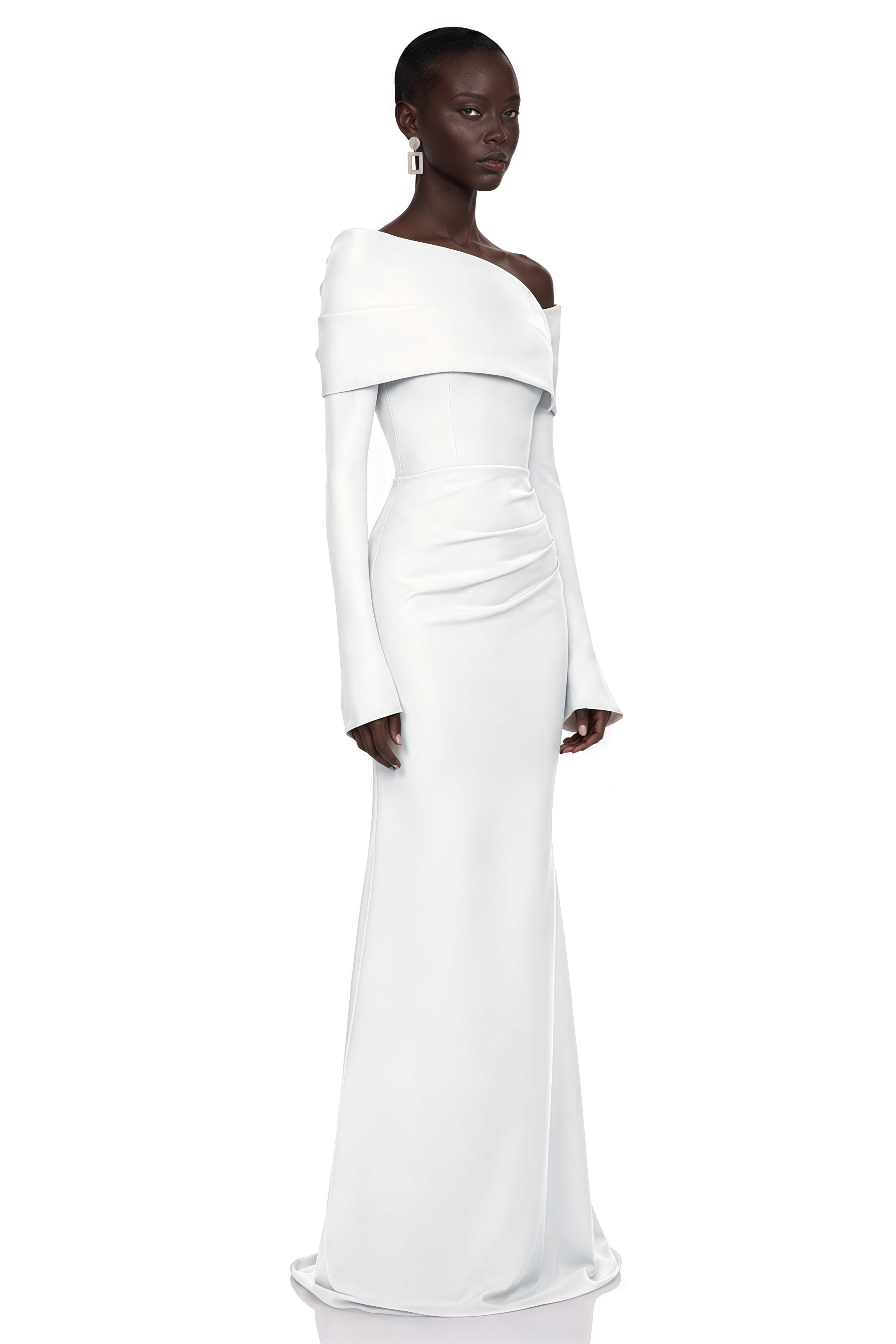 Alina White Asymmetrical Draped Maxi Dress