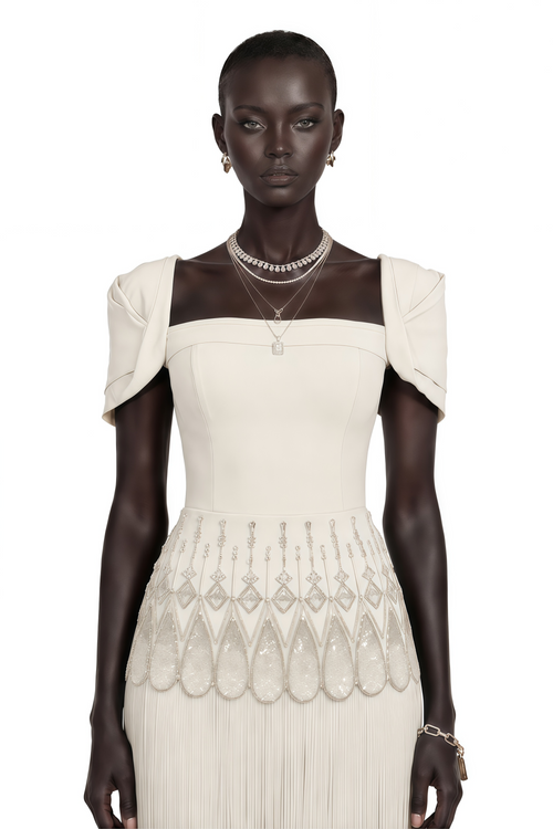 Arianwen White Embellished Fringe Maxi Dress