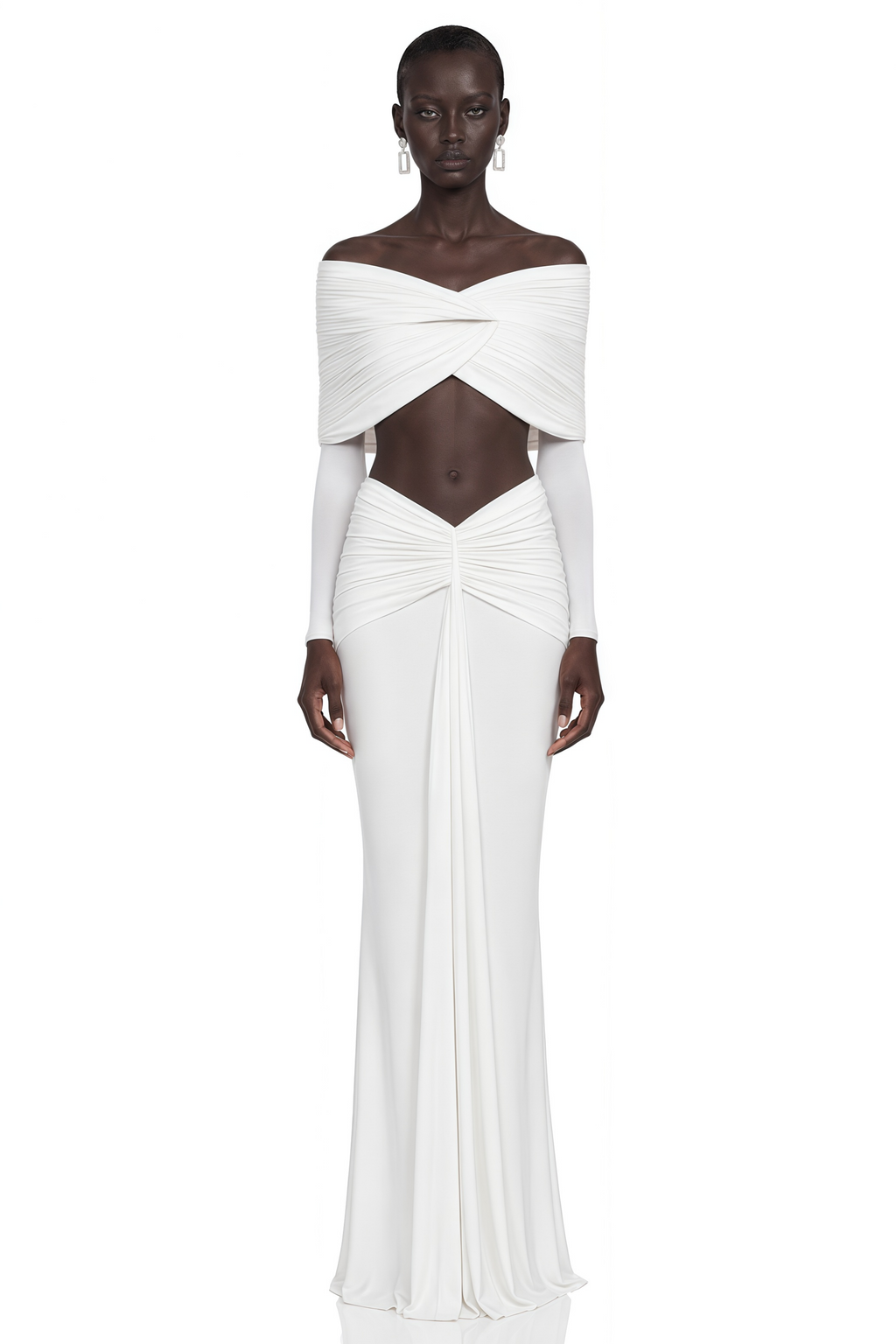 Celeste White Pleated Cape Crop Top & Skirt Set