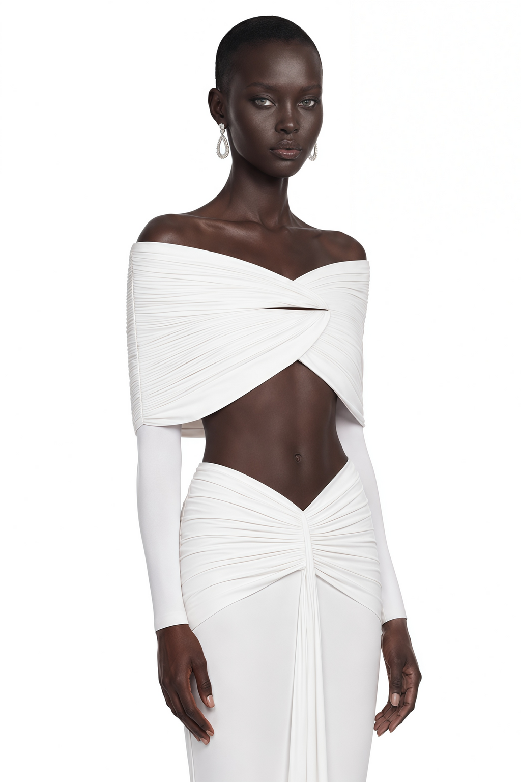 Celeste White Pleated Cape Crop Top & Skirt Set