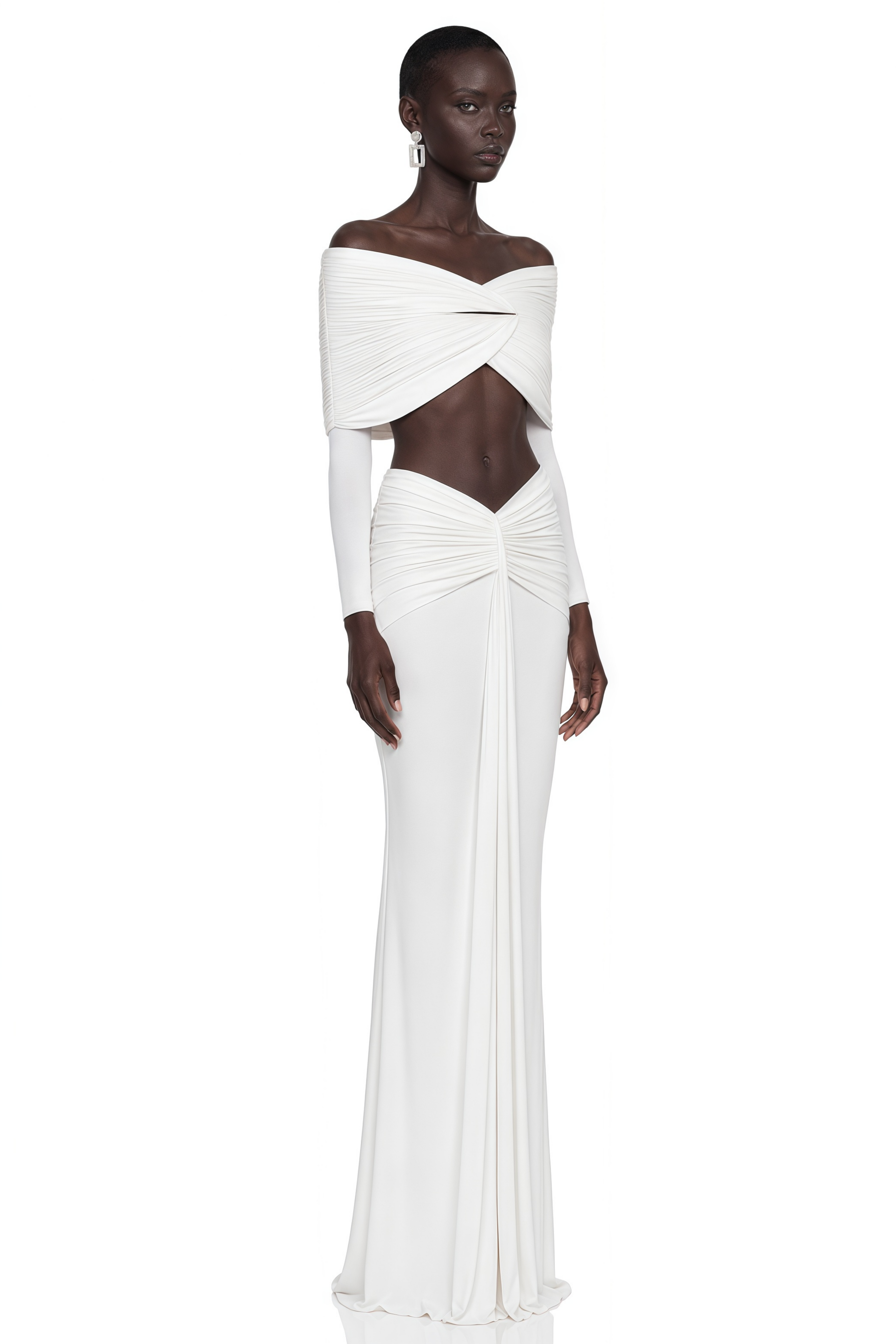 Celeste White Pleated Cape Crop Top & Skirt Set