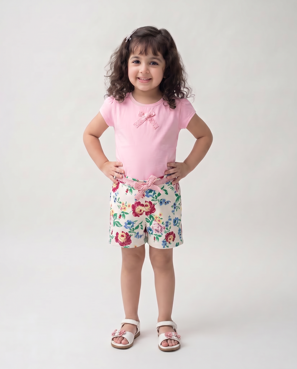 Cotton Lycra Pink Top With Floral Shorts