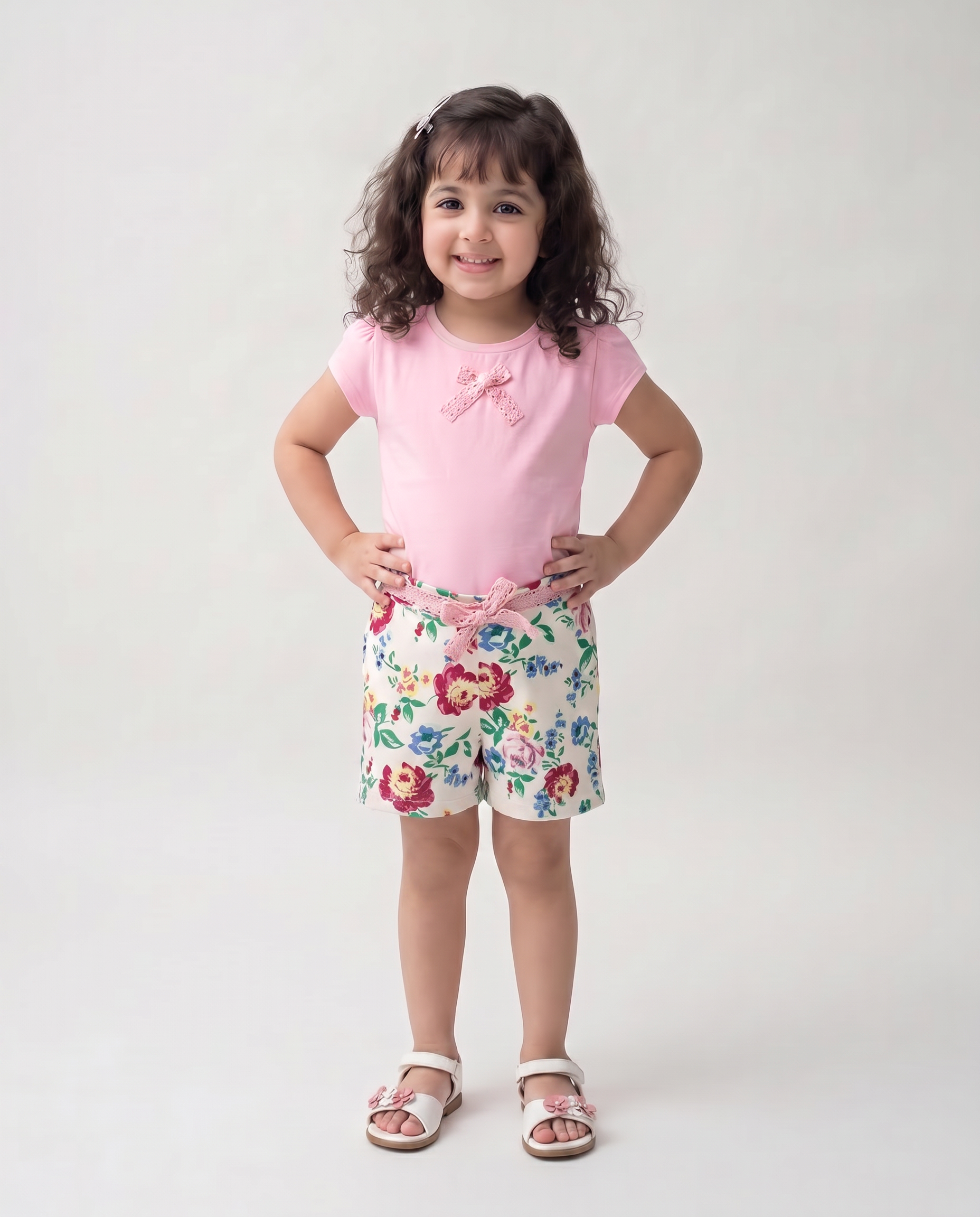 Cotton Lycra Pink Top With Floral Shorts
