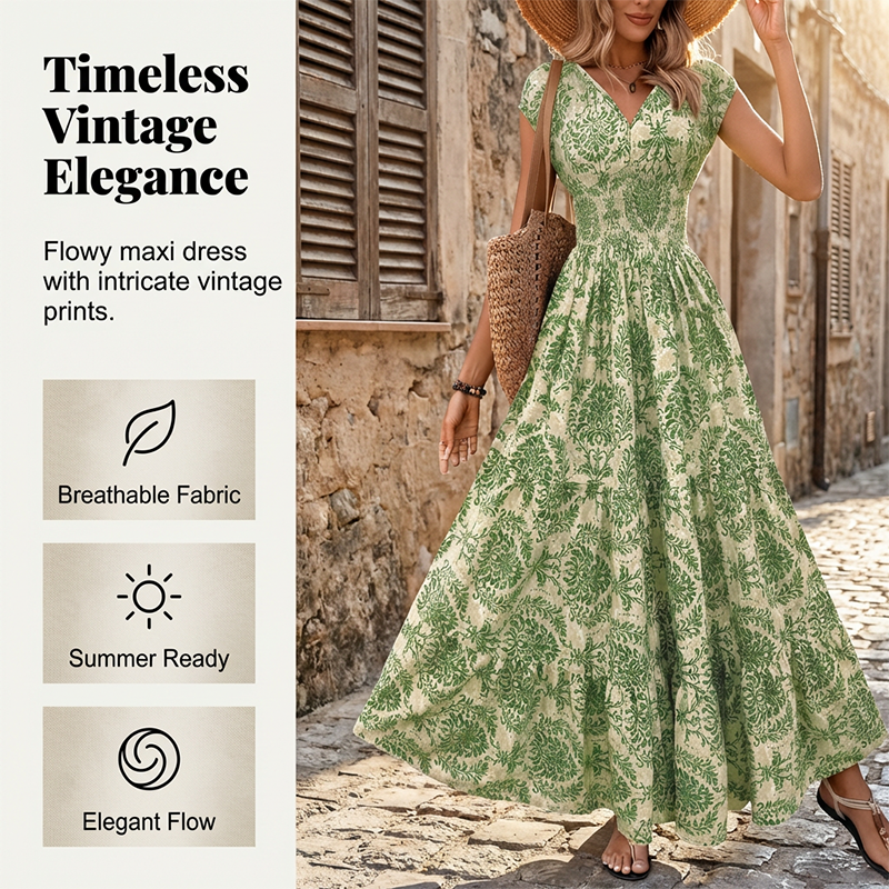 Women's V-Neck Floral Print Smocked Maxi Dress