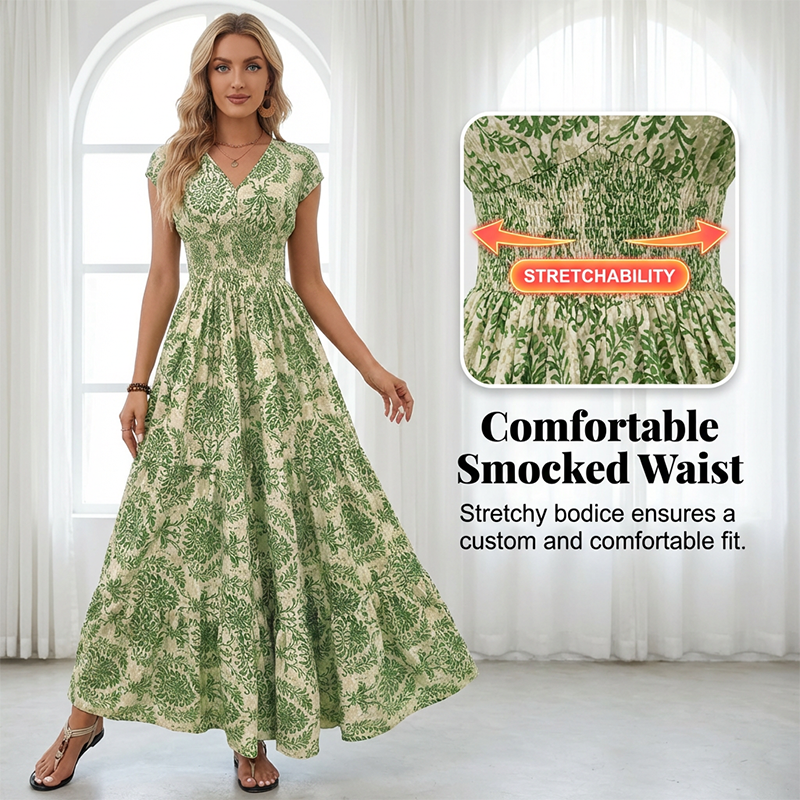 Women's V-Neck Floral Print Smocked Maxi Dress