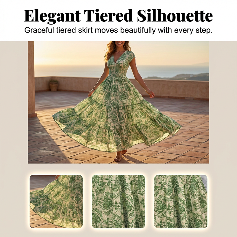 Women's V-Neck Floral Print Smocked Maxi Dress